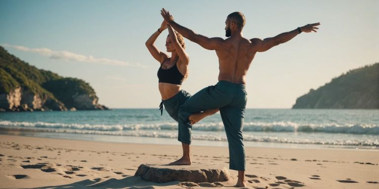 Person practicing complex yoga balance pose on beach